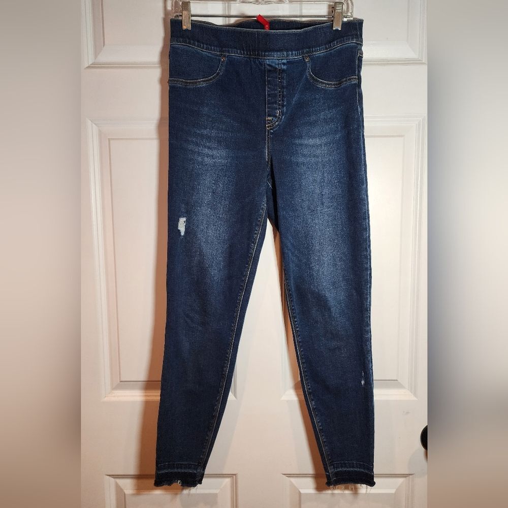 Spanx Stretchy Distressed Ankle Skinny Pull On Jeans Medium Wash L